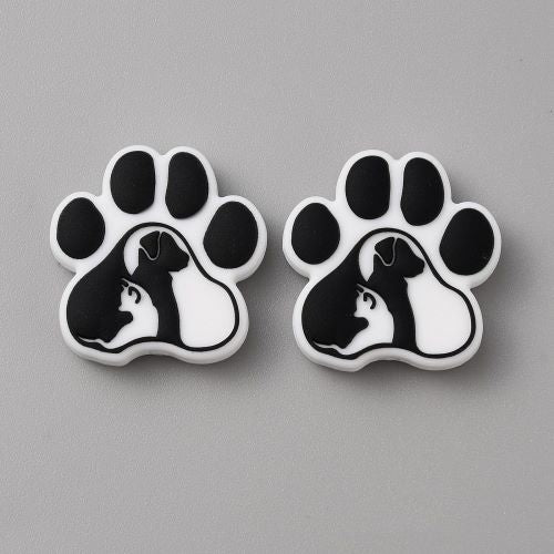 Silicone Bead Black and White Paw Silhouette 