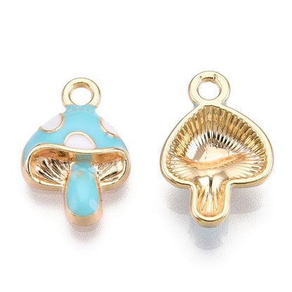 Enamel Charm Light Blue Mushroom Light Gold 10pc | Alberta Bead Store