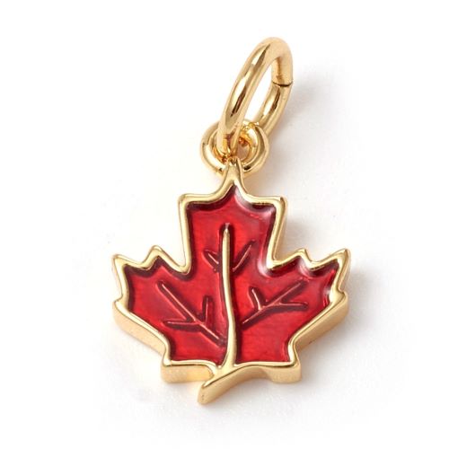 Enamel Charm Maple Leaf Golden 1pc 