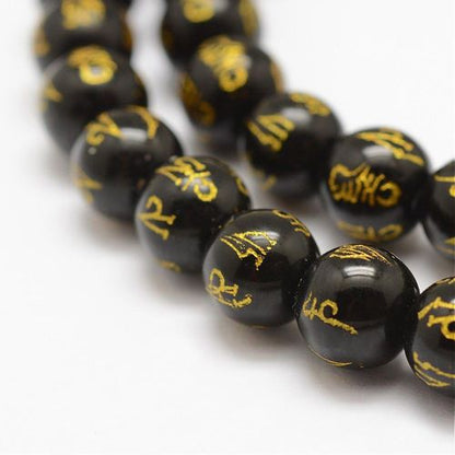 Black Agate Carved Om Mani Padme Hum Gemstone Bead - Crystals and Sun Signs