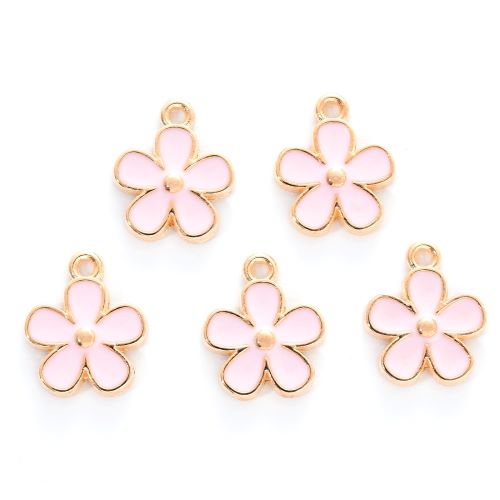 Enamel Charm Pink Flower Light Gold 10pc - Crystals and Sun Signs