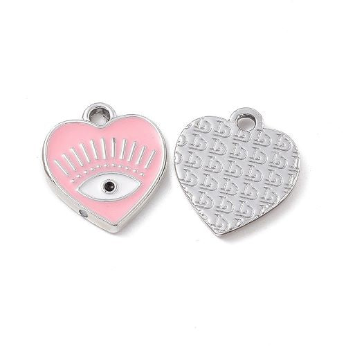 Enamel Charm Pink Heart Evil Eye Platinum 10pc - Crystals and Sun Signs