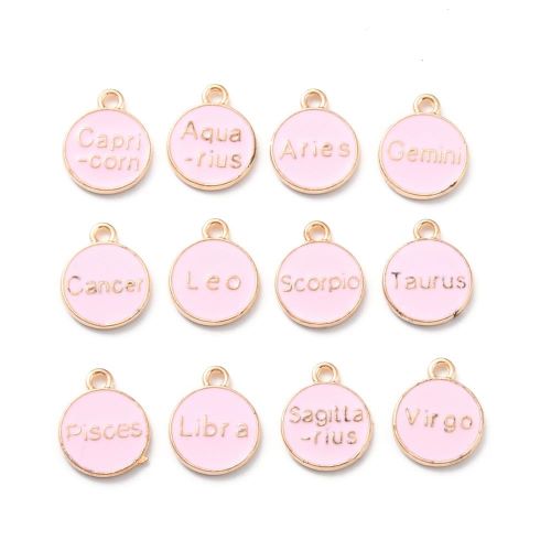 Enamel Charm Zodiac Pink Light Gold 1 Set - Crystals and Sun Signs