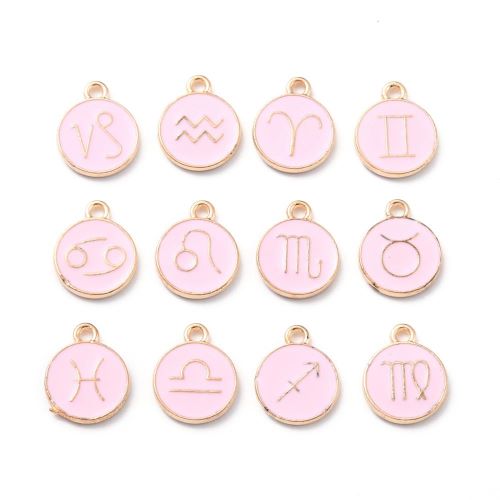 Enamel Charm Zodiac Pink Light Gold 1 Set - Crystals and Sun Signs