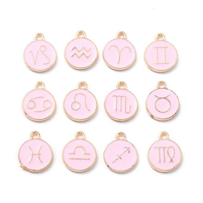 Enamel Charm Zodiac Pink Light Gold 1 Set - Crystals and Sun Signs